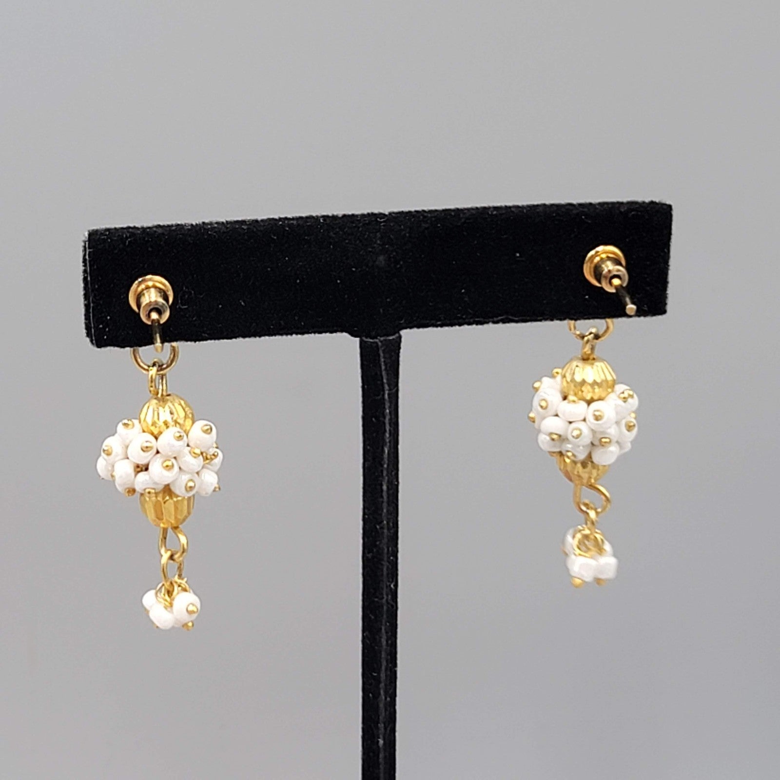 India Gold Plated Pierced Earrings White Bead Dangle 1.5"