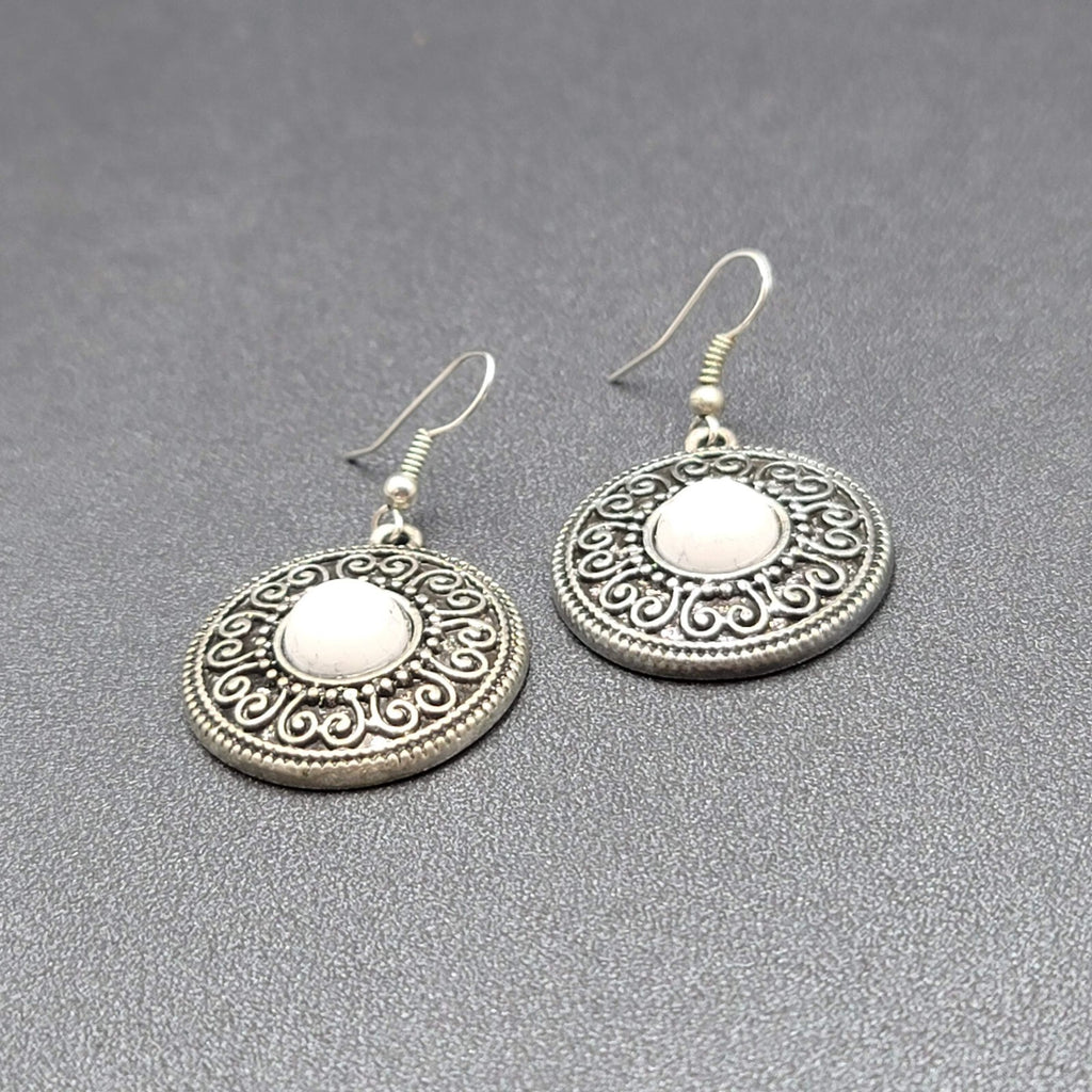 Pierced Earrings Silver tone Medallion Dangle White Center Accent  1"
