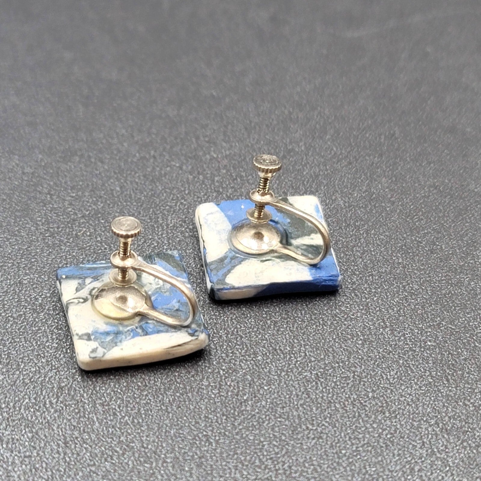 Vintage Clip on Earrings Blue Black White Polymer Clay Squares Screw Back 3/4"