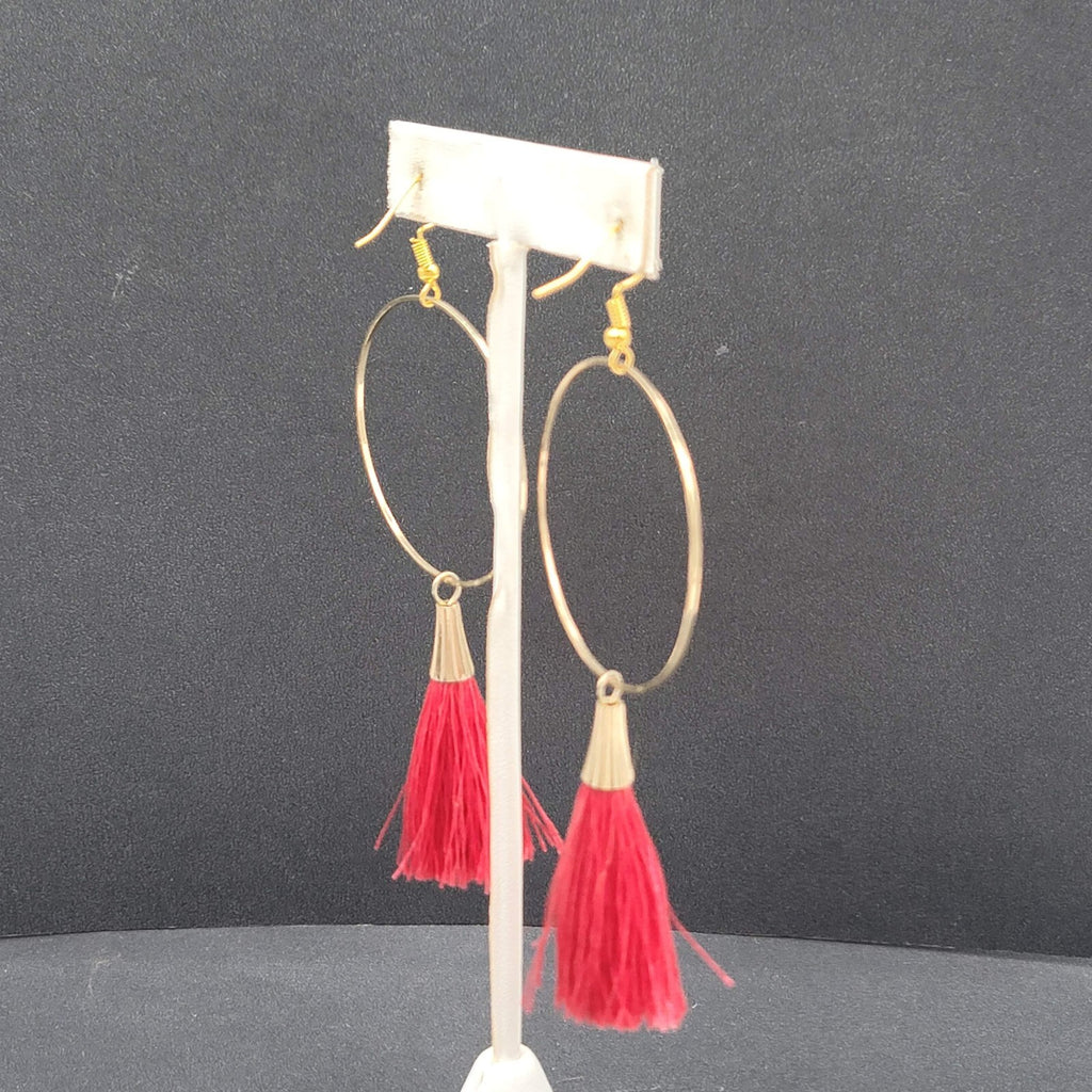 Pierced Earrings Gold tone Red Tassel Statement Dangle 3.5"