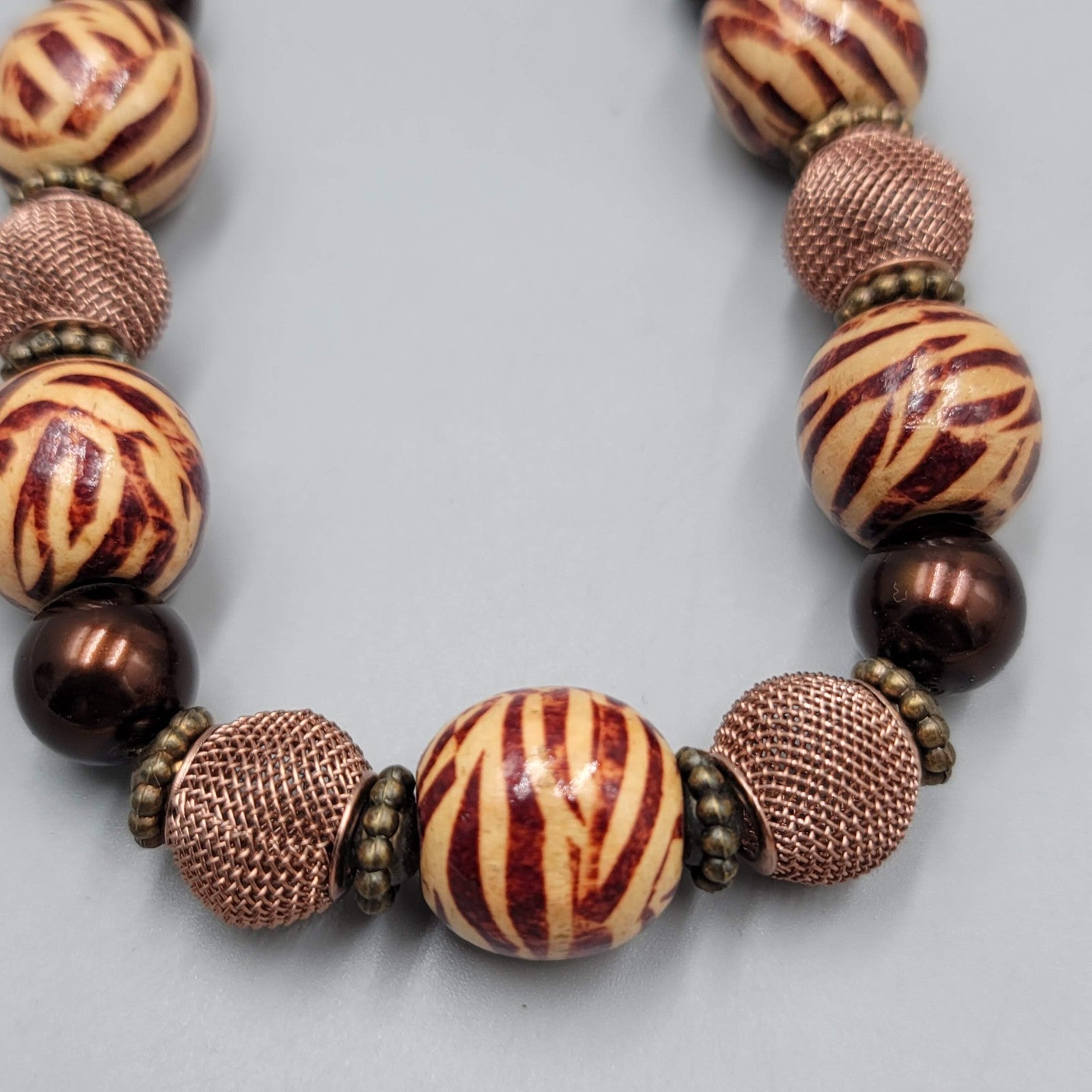 Bead Necklace Imitation Pearl Wood and Copper Mesh Beads  18"