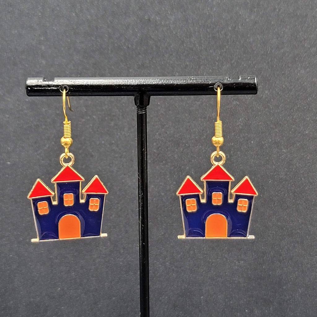 Purple Haunted House Halloween Pierced Earrings Gold tone Enamel Dangle 1"
