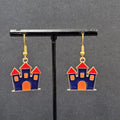 Purple Haunted House Halloween Pierced Earrings Gold tone Enamel Dangle 1"