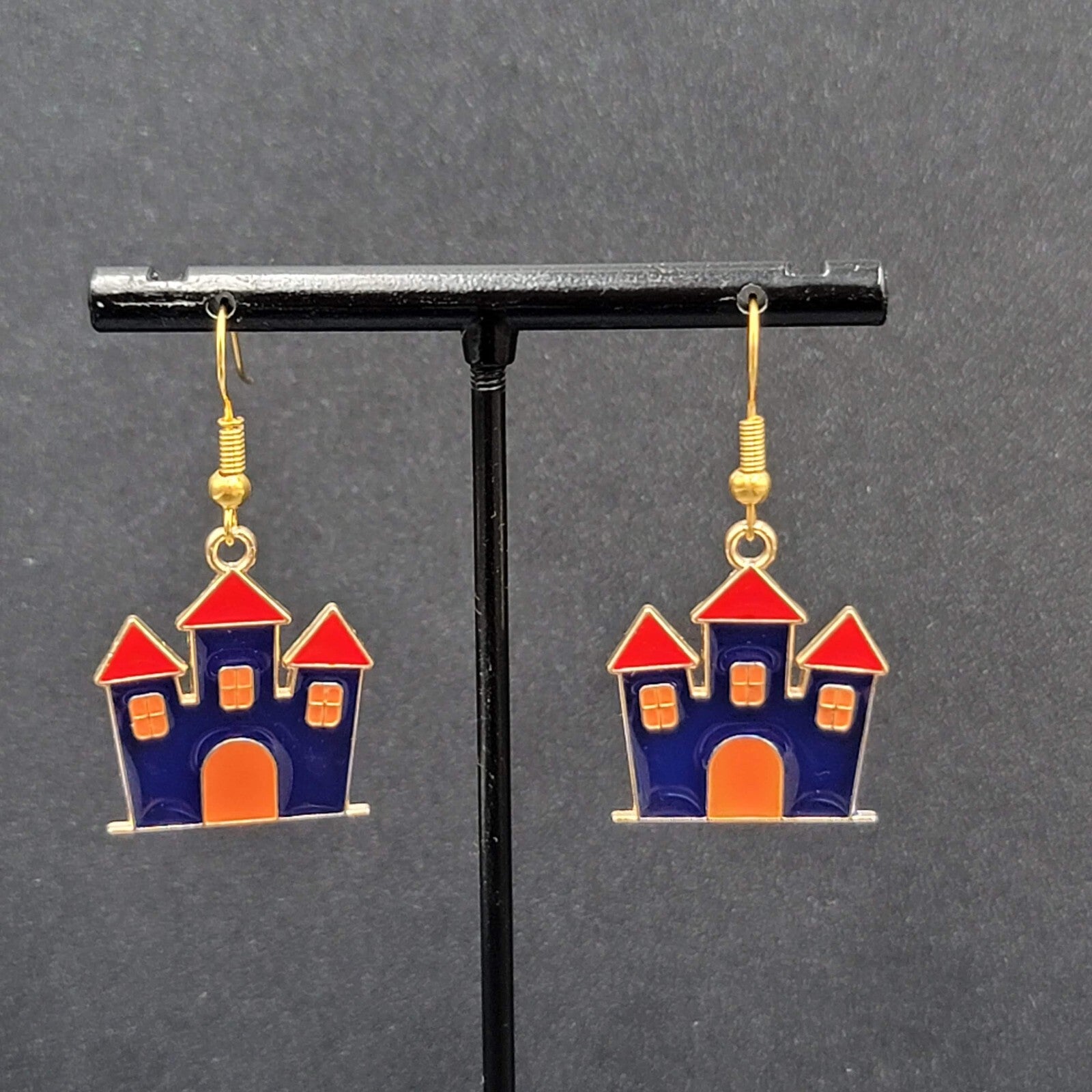 Purple Haunted House Halloween Pierced Earrings Gold tone Enamel Dangle 1"