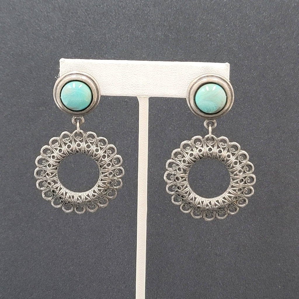 Pierced Earrings Silver tone Faux Acrylic Turquoise Dangle 2 3/8"