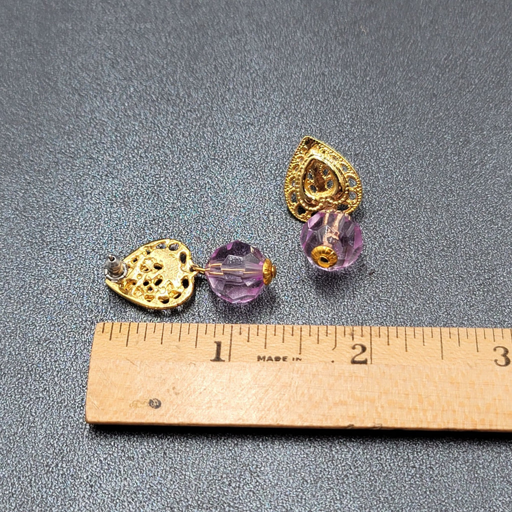 Pierced Earrings Gold tone Purple Plastic Bead Dangle 1.25"