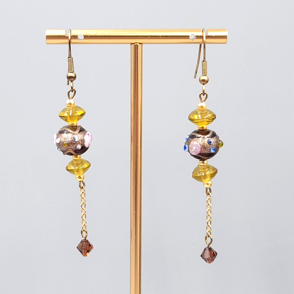 Vintage Art Glass Pierced Earrings Gold tone Dangle Boho Beaded 2.5"