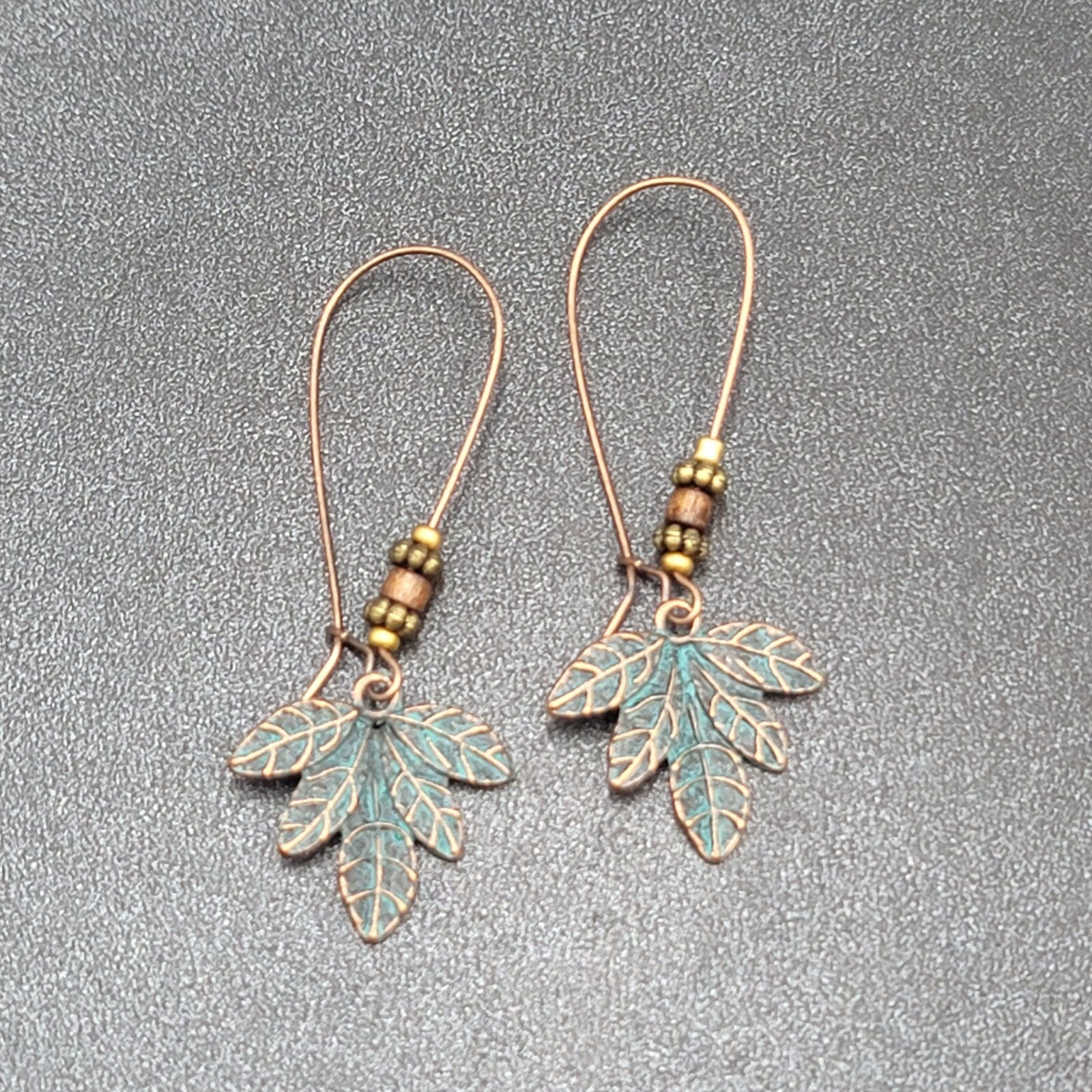 Pierced Earrings Bronze tone Green Patina Leaf Beaded Dangle 2.25"