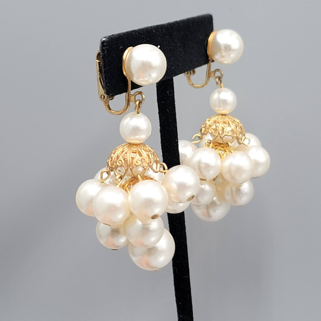 Vintage White Beaded Chandelier Clip on Earrings Gold tone Dangle 2 in