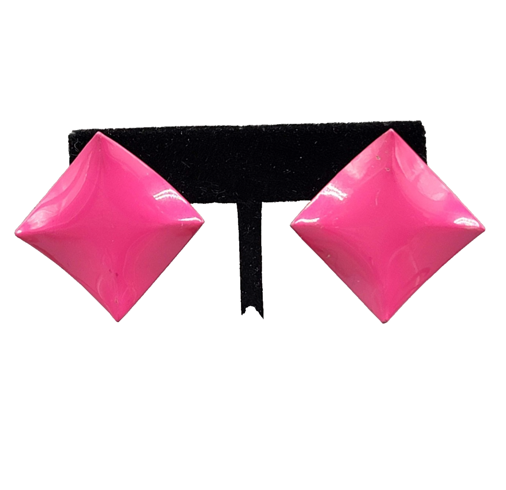 Vintage Hot Pink Enamel Square Pierced Earrings Drop 1.25 in