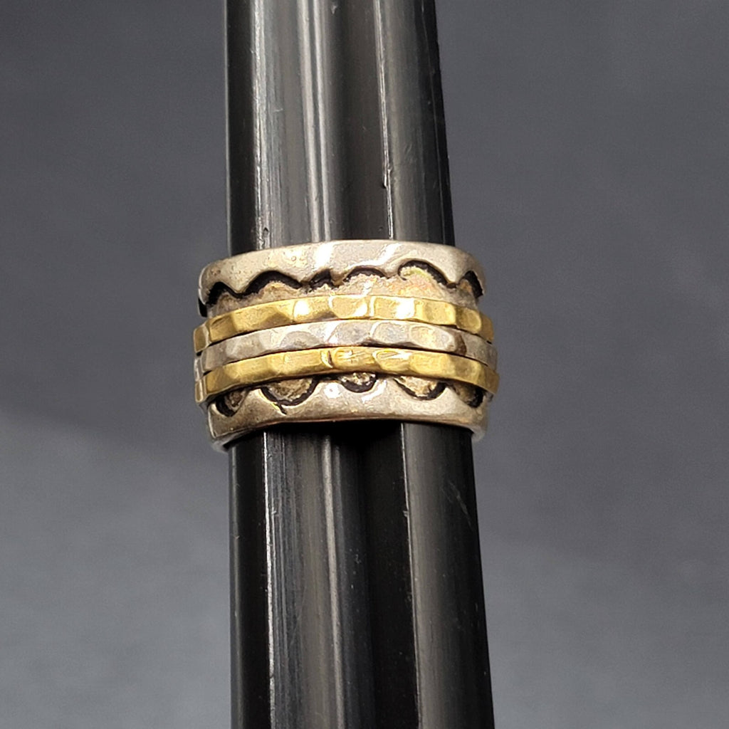 Two Tone Spinner Ring Size 7 Wide Band Silver tone and Brass