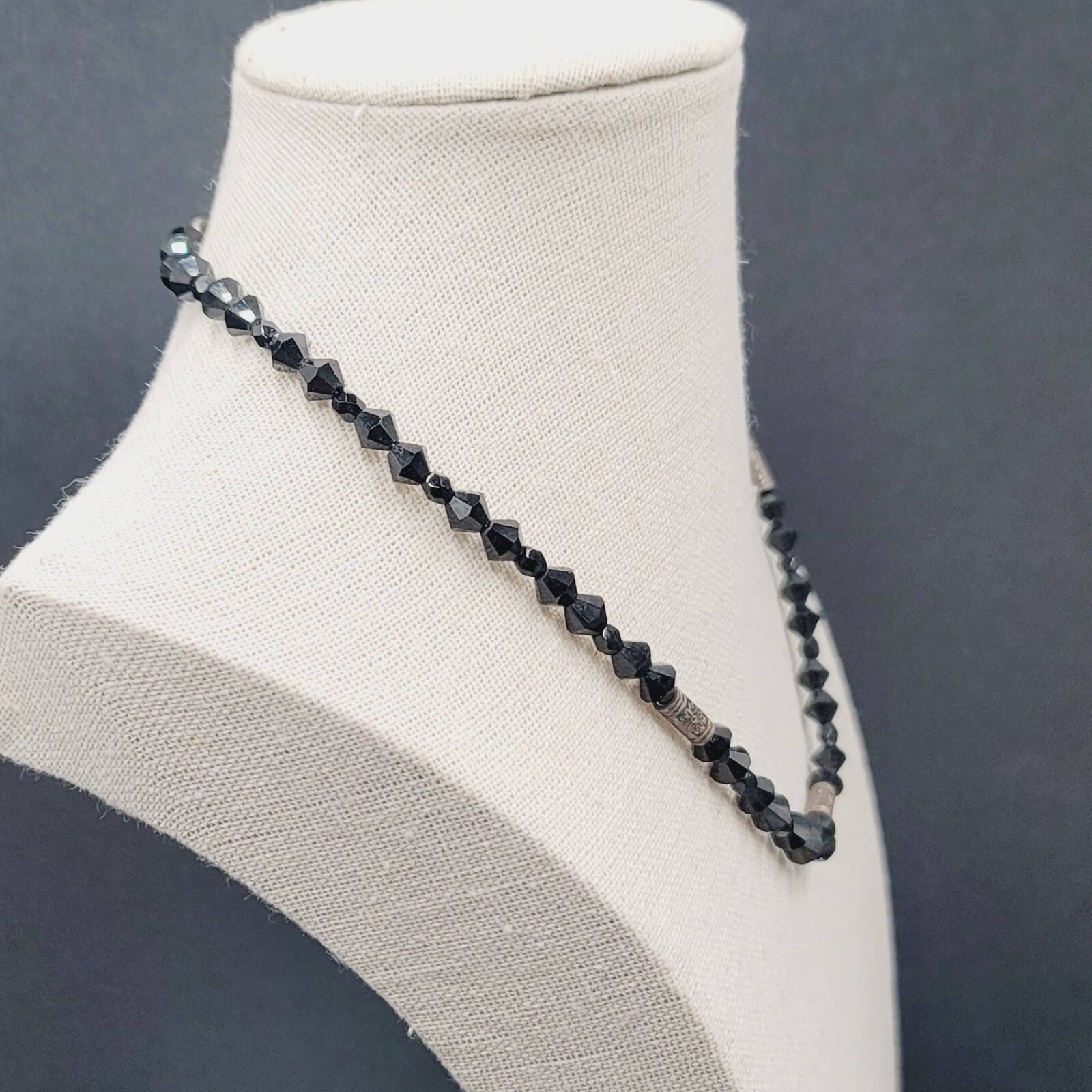 Vintage Necklace Black Rivoli Glass Beaded 16"