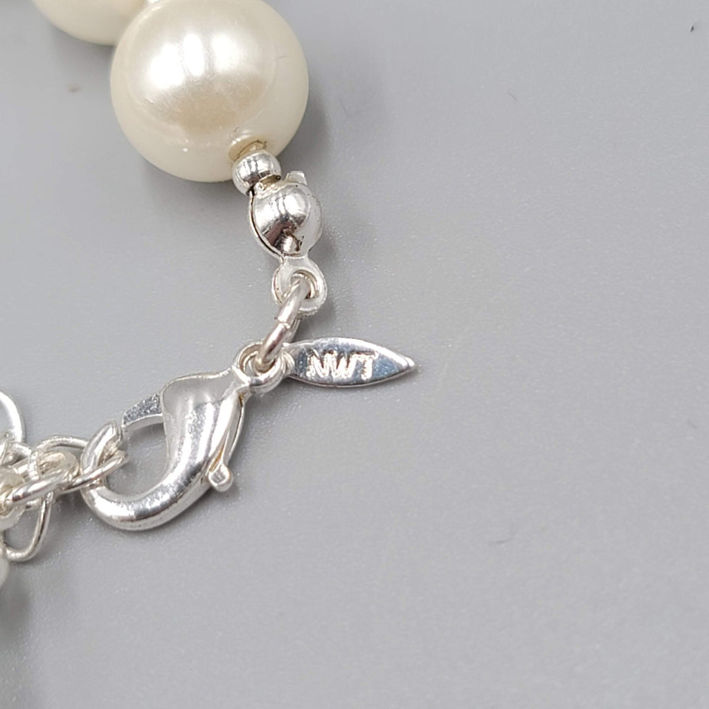 White Beads Silver tone Rhinestone Necklace and Bracelet Set Faux Pearl