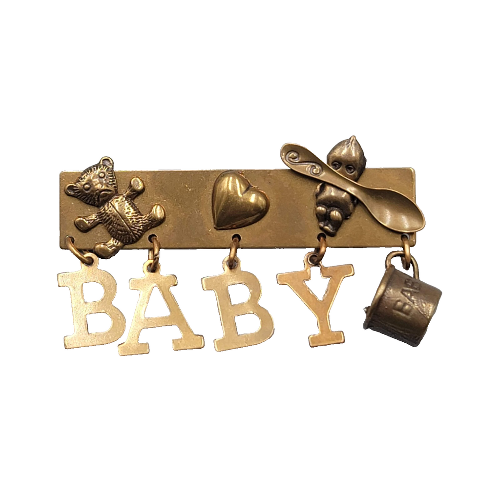 Jan Michaels San Francisco Brooch BABY Charm Dangle Brass 2.25"