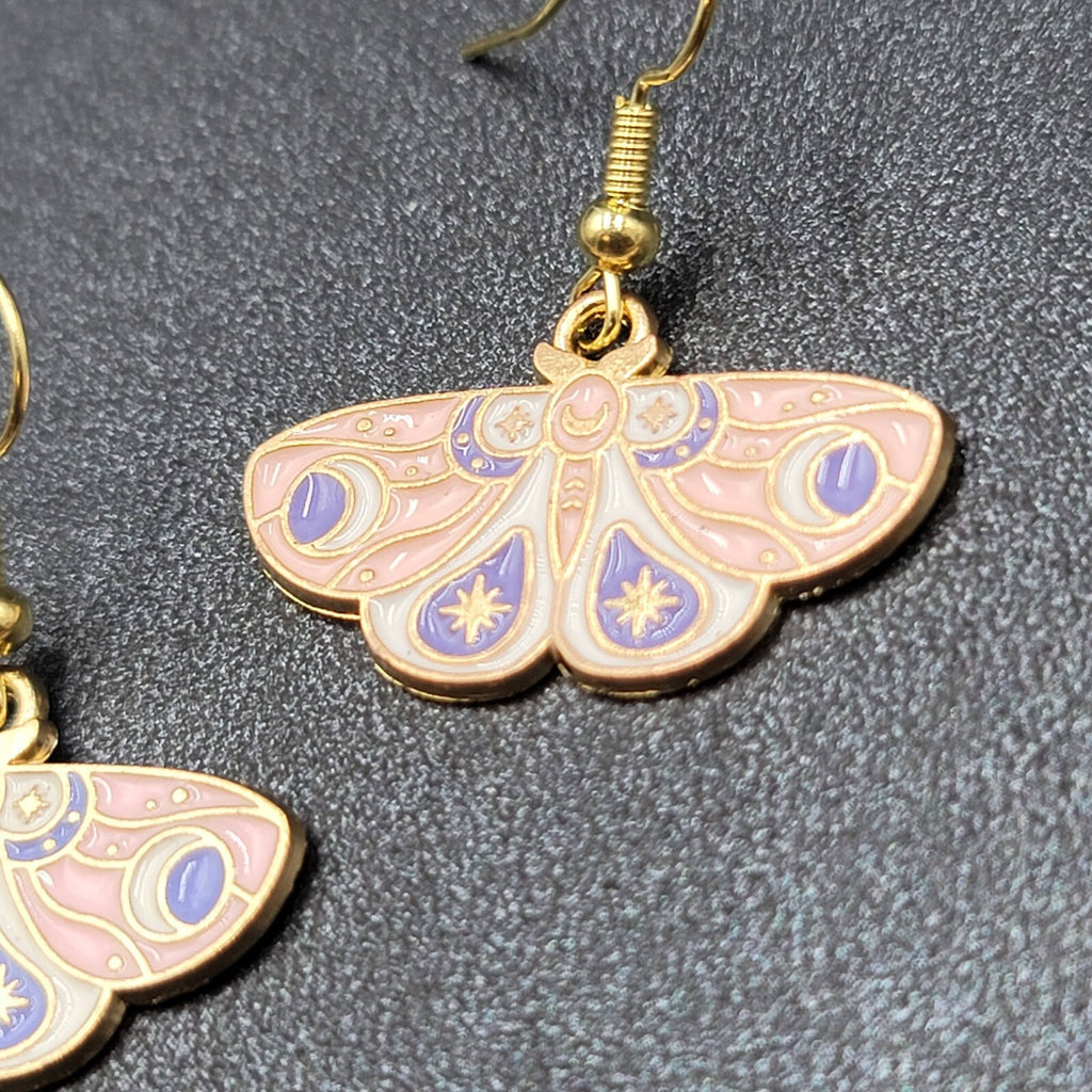 Moth Pierced Earrings Gold tone Pink Purple White Enamel Dangle 5/8"