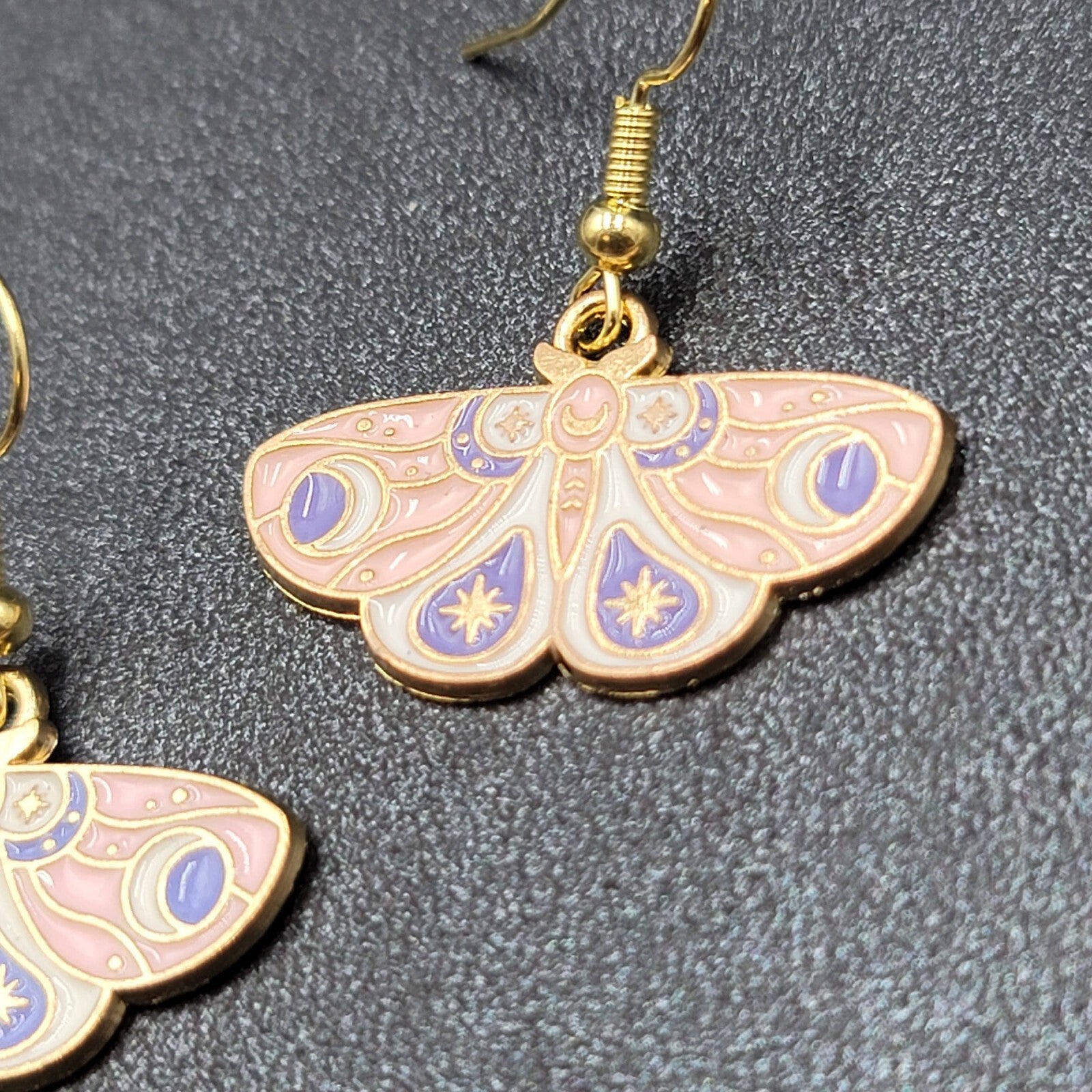Moth Pierced Earrings Gold tone Pink Purple White Enamel Dangle 5/8"