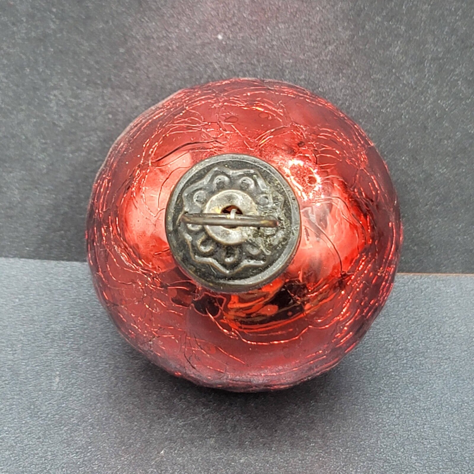 Vintage Kugel Style Red Blown Glass Ball Christmas Ornament Bronze top 2"