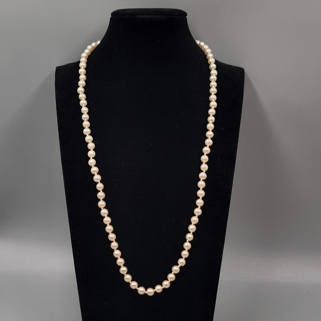Vintage Faux Pearl Necklace Hand Knotted Gold tone Clasp 24"