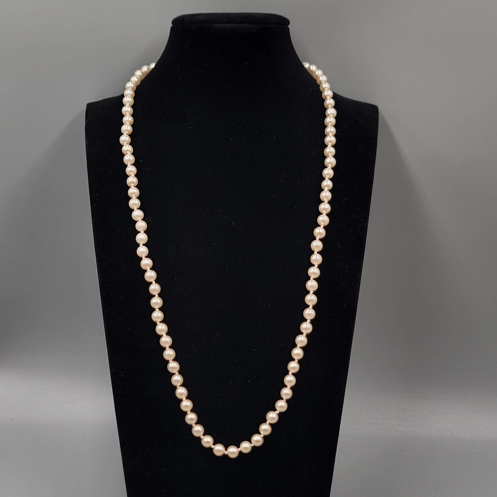 Vintage Faux Pearl Necklace Hand Knotted Gold tone Clasp 24"