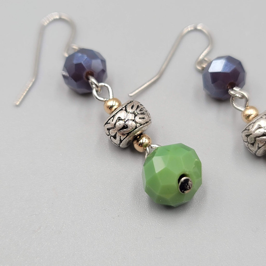 Pierced Earrings Silver tone Purple Green Glass Beads Dangle 1.5"