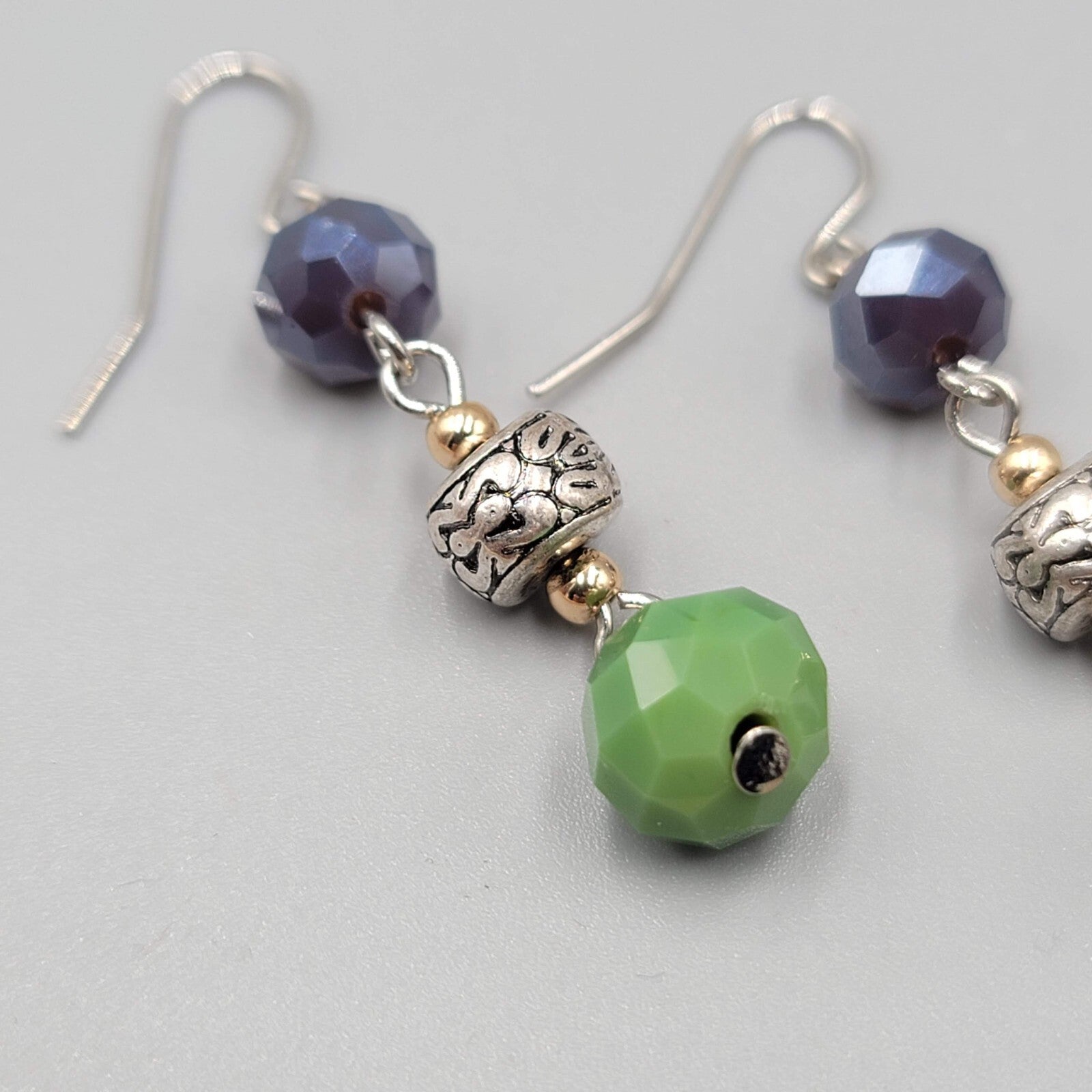 Pierced Earrings Silver tone Purple Green Glass Beads Dangle 1.5"