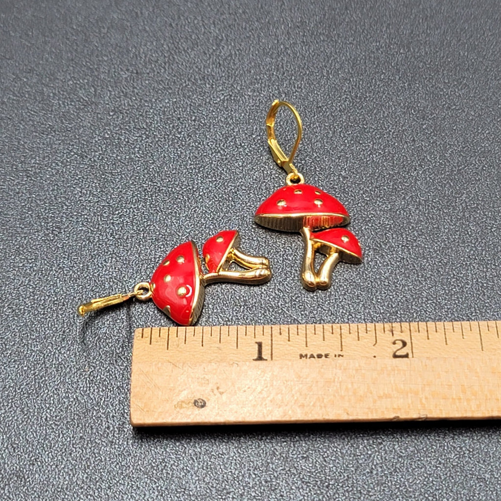 Double Mushroom Pierced Earrings Gold tone Enamel Red White Polka Dot Dangle 1"