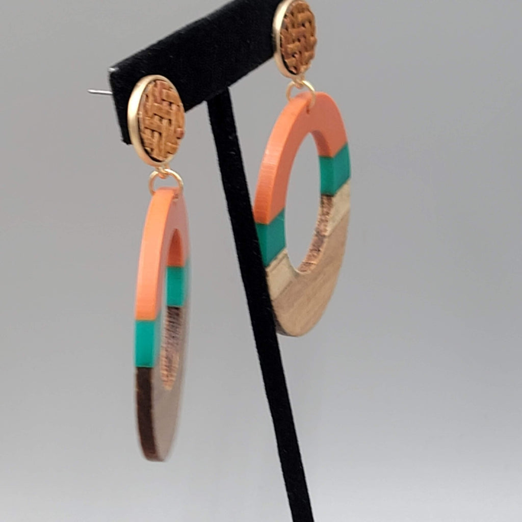 Large Wood Boho Resin Hoops Pierced Earrings Orange Teal 2.75 in