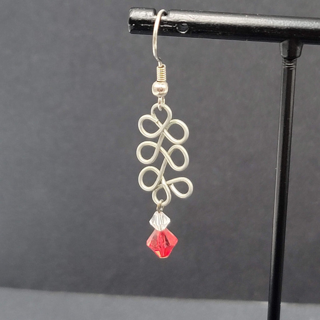 Pierced Earrings Silver tone Wire Red Crystal Bead 1.25"