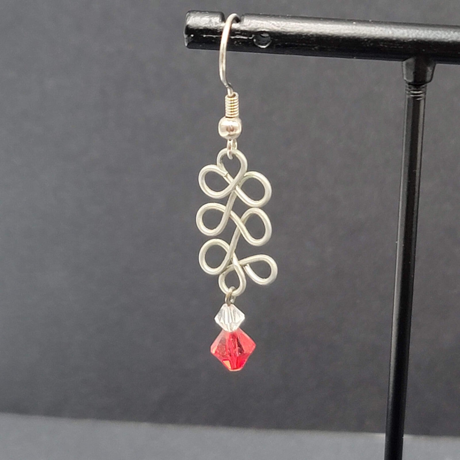 Pierced Earrings Silver tone Wire Red Crystal Bead 1.25"