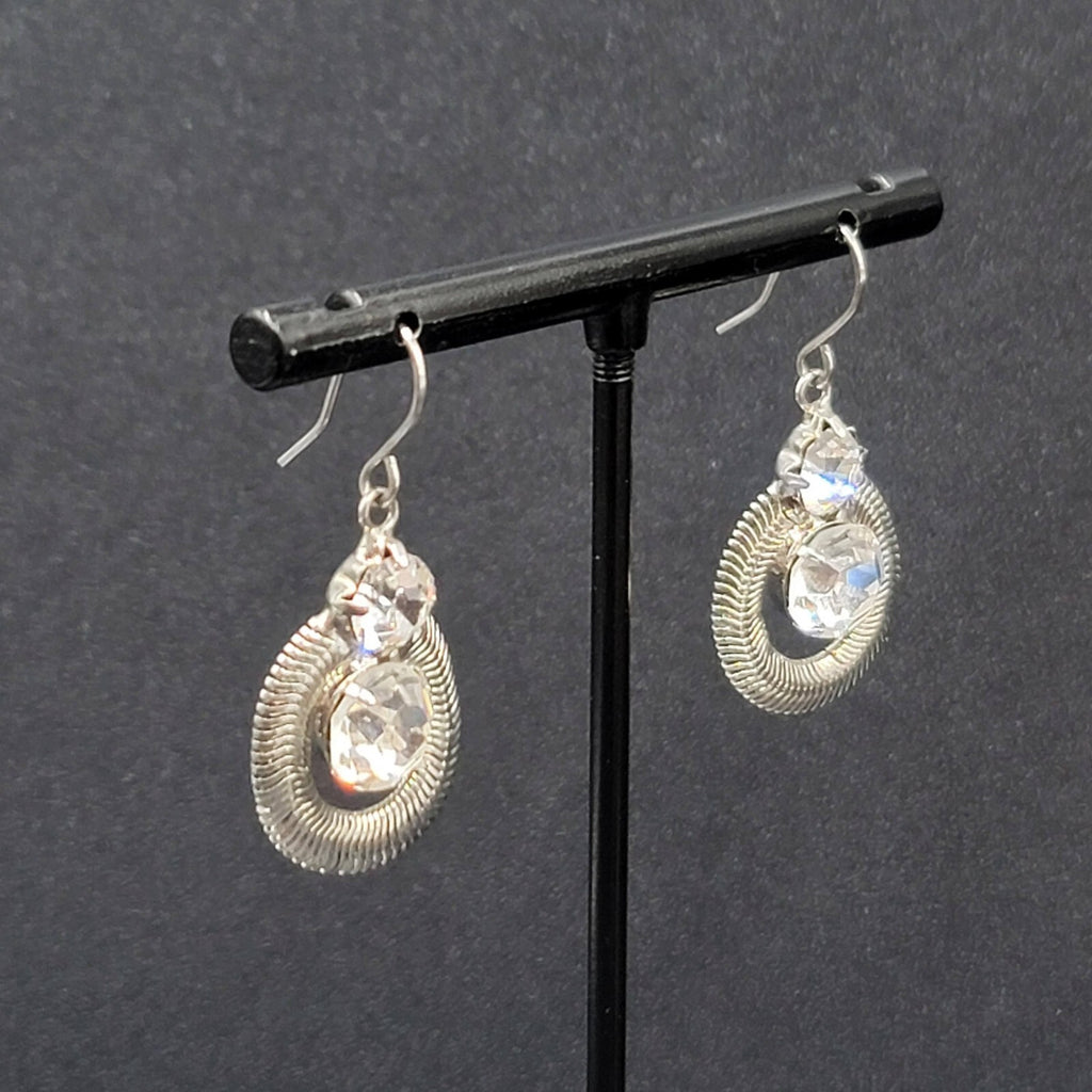 Pierced Earrings Silver tone Snake Chain Rhinestone Dangle 1"