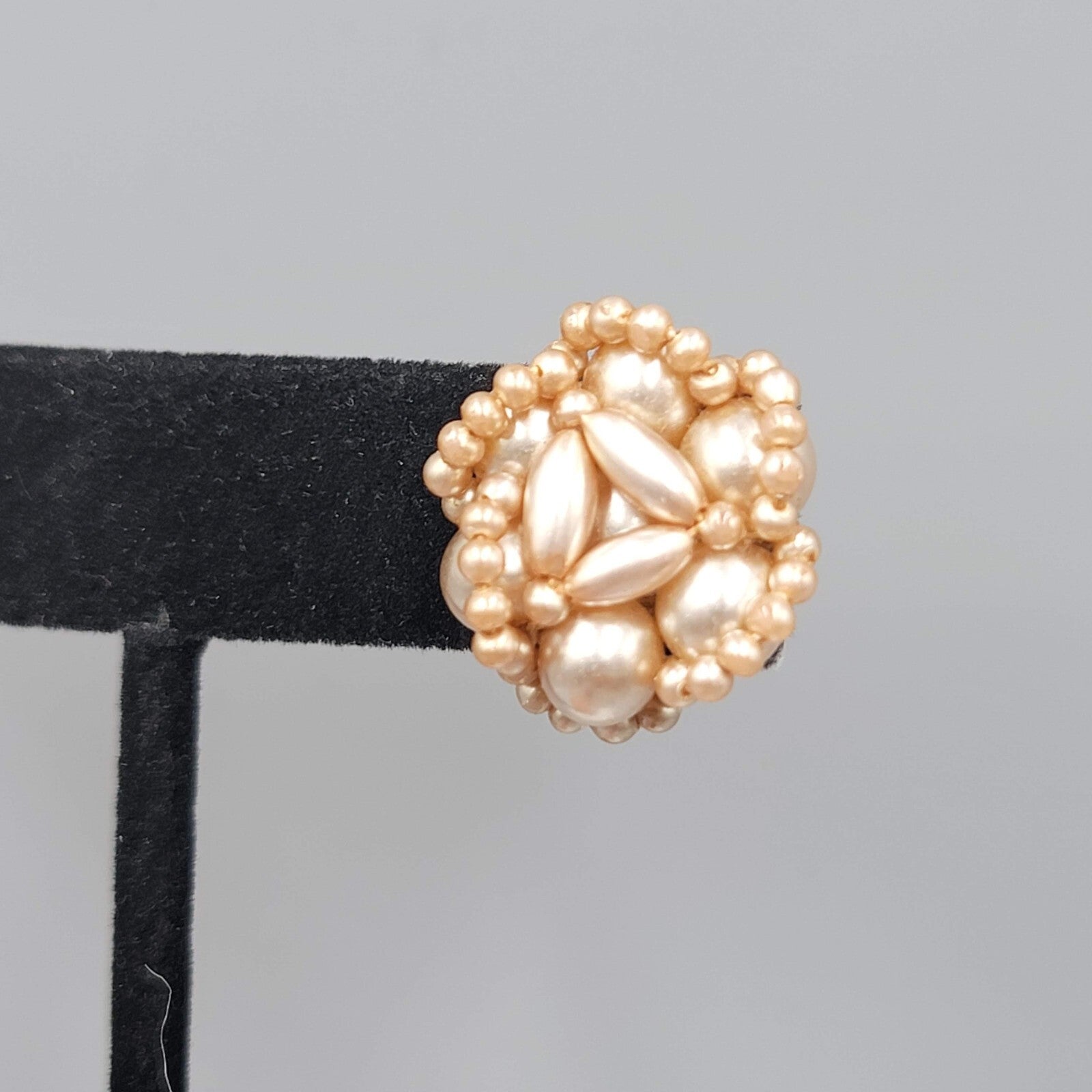 Vintage Clip on Earrings Champagne Color Beads Knot Cluster Design Stud 3/4"