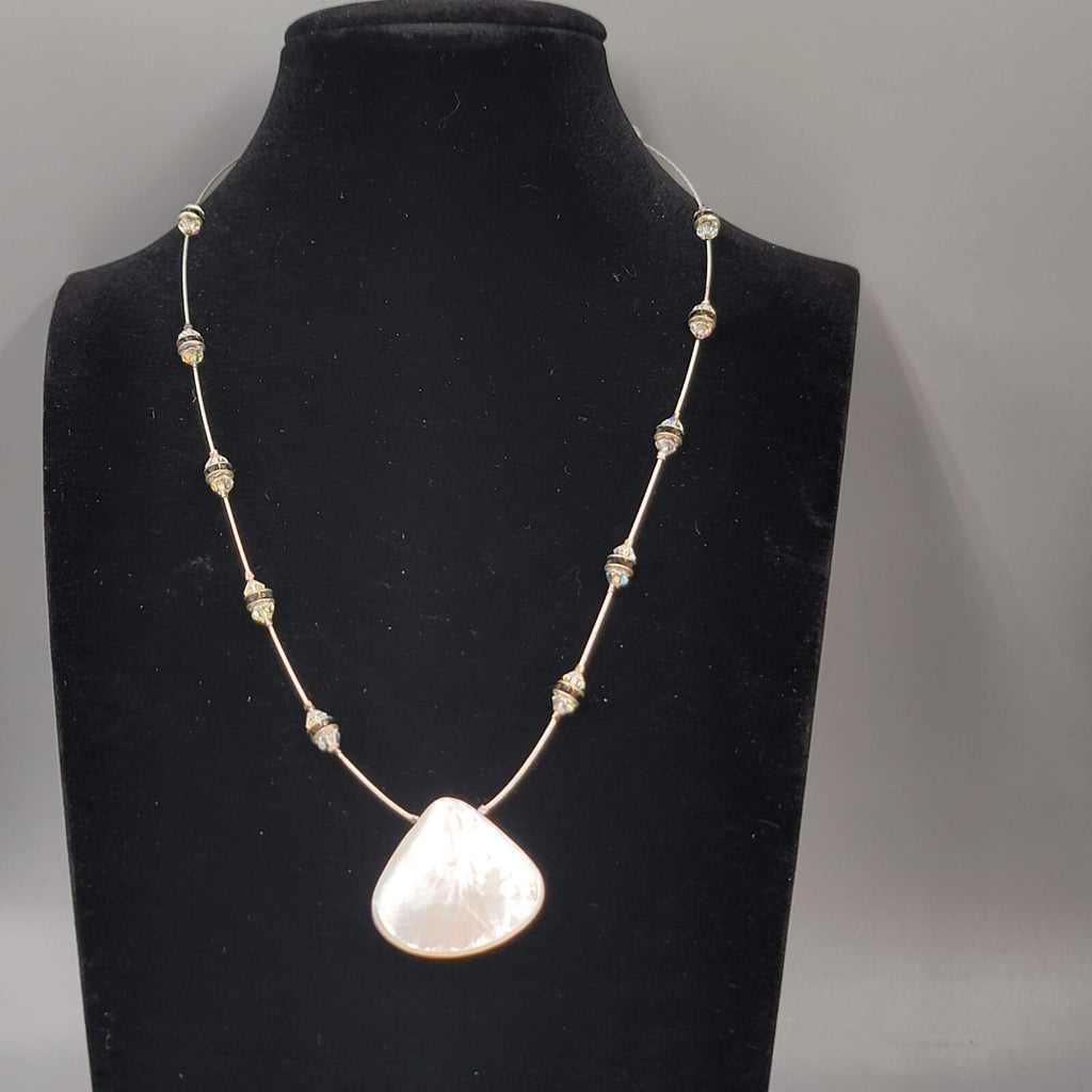 Shell Pendant Necklace Crystal Station Silver tone 18"