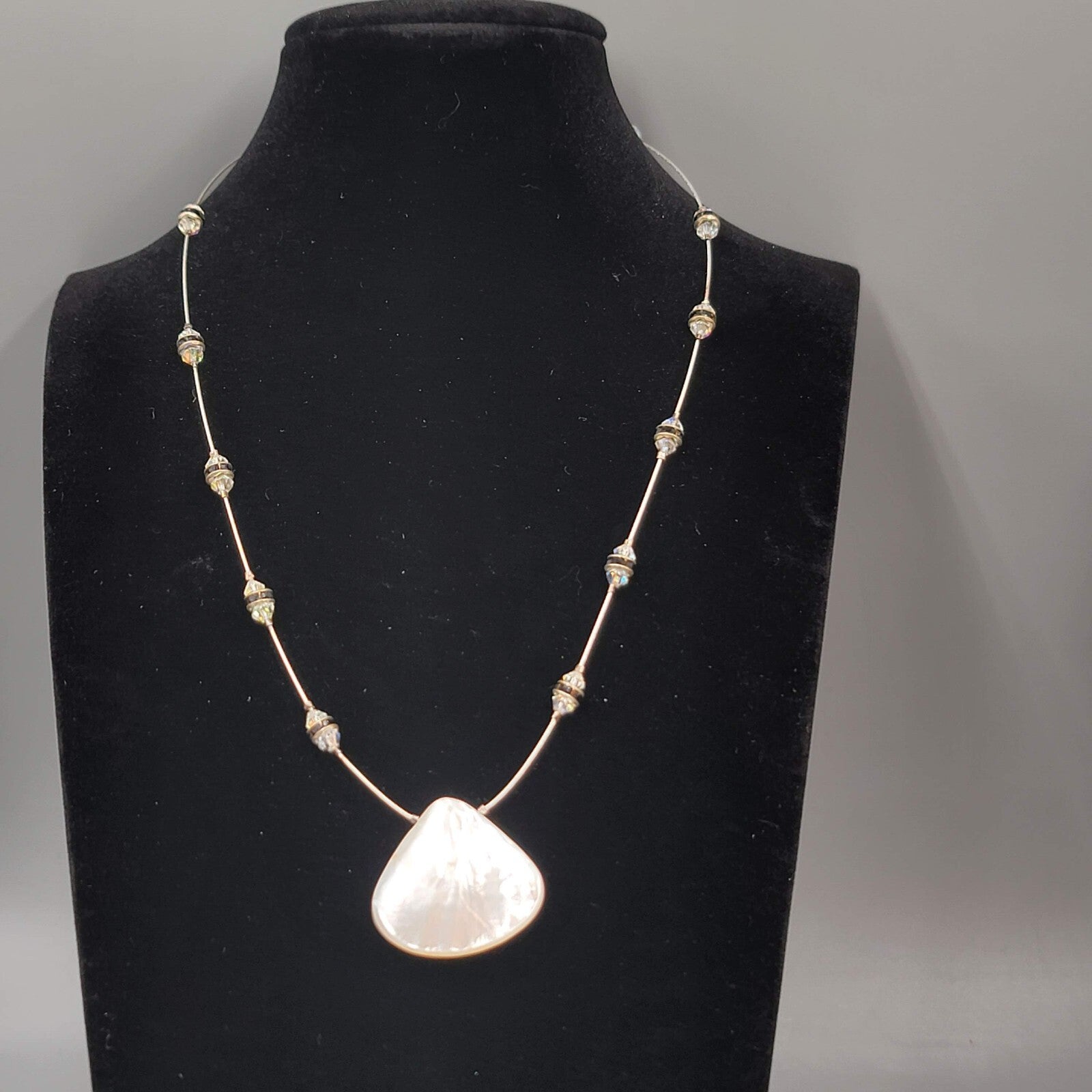 Shell Pendant Necklace Crystal Station Silver tone 18"