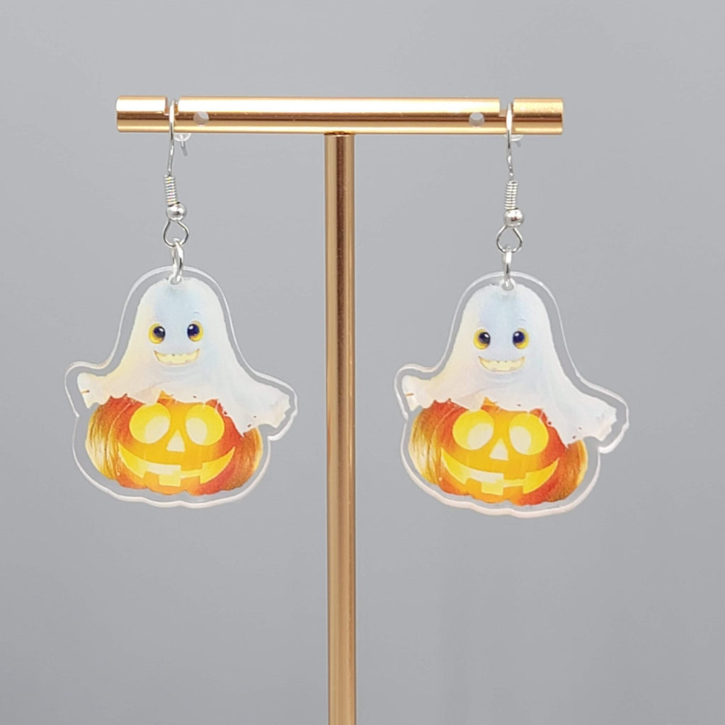 Halloween Ghost Pumpkin Pierced Earrings Silver tone Dangle 1.5 in