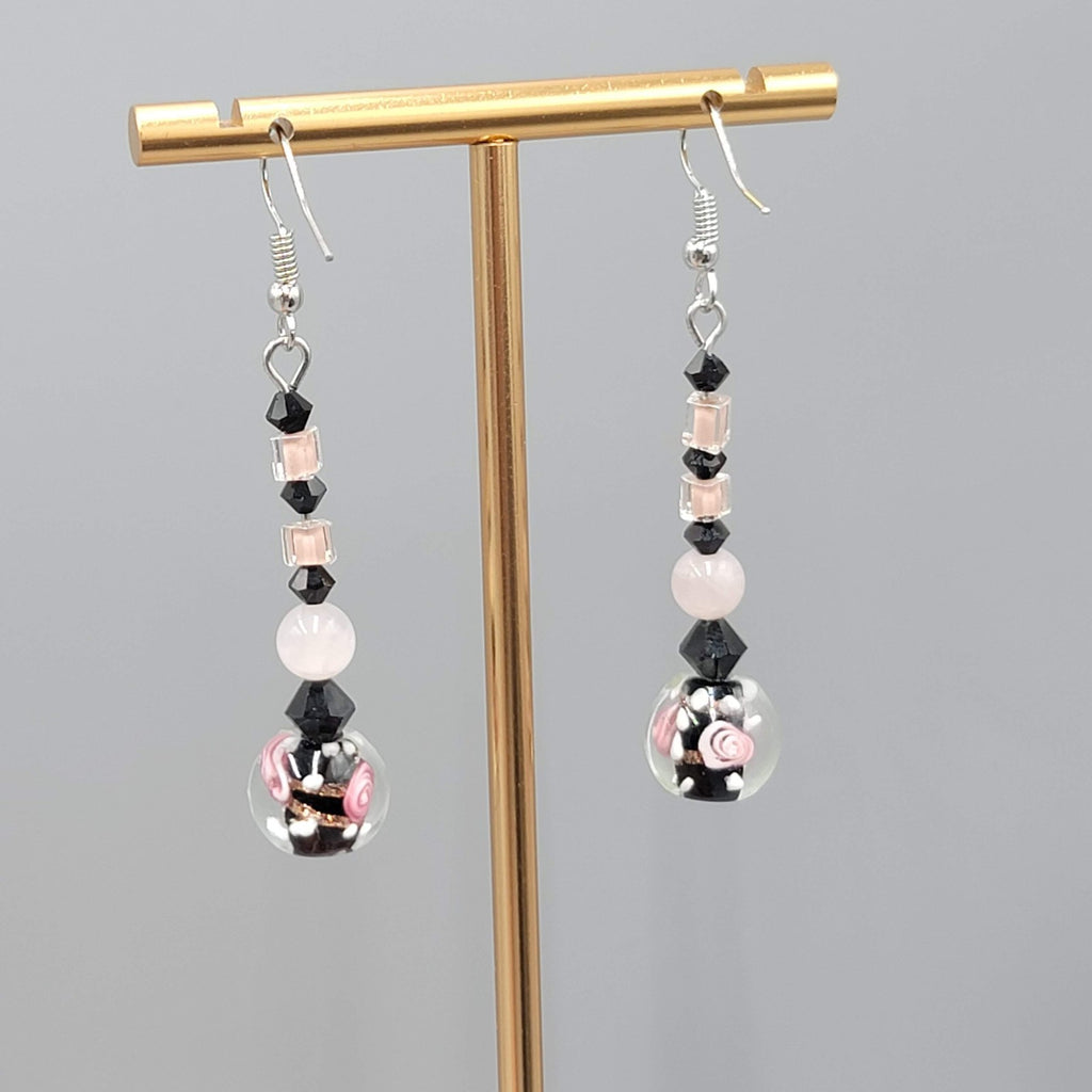 Pink Flower Art Glass Pierced Earrings Black & Silver tone Dangle  1.75"