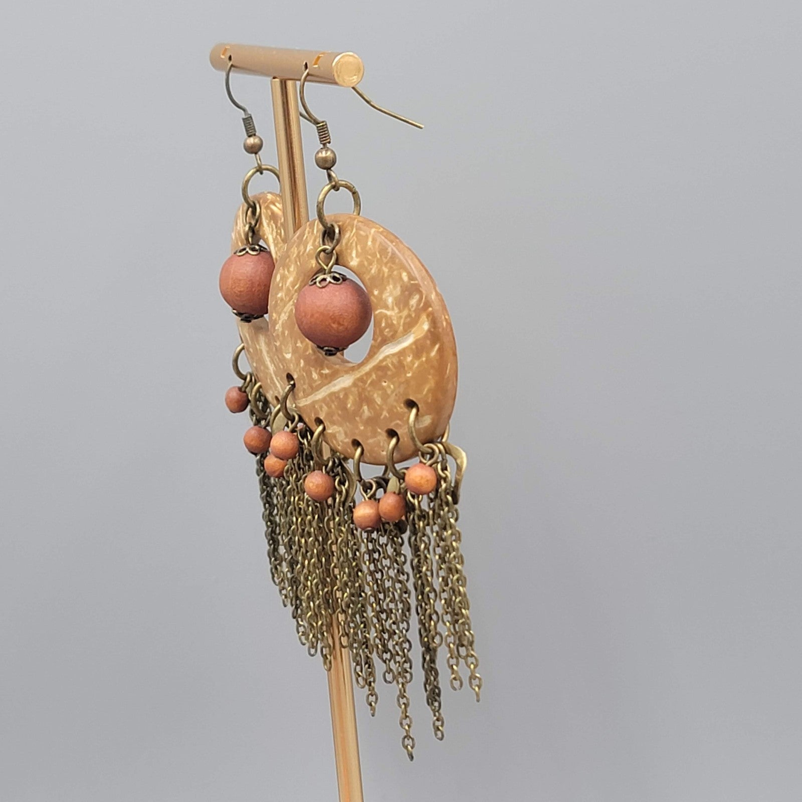 Coconut and Wood Bead Pierced Earrings Bronze tone Dangle Fringe Boho 3.25"