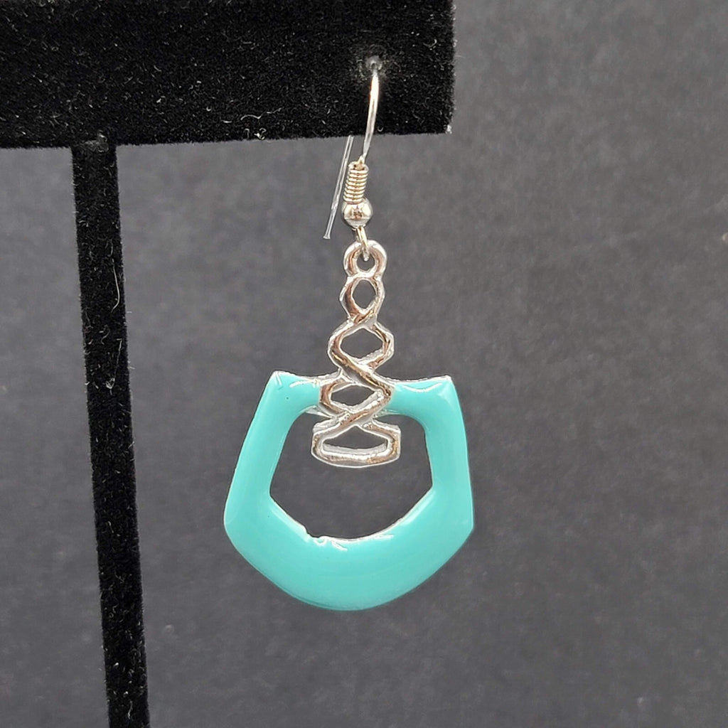 Pierced Earrings Silver Plated Blue Enamel Geometric Dangle 1.5"