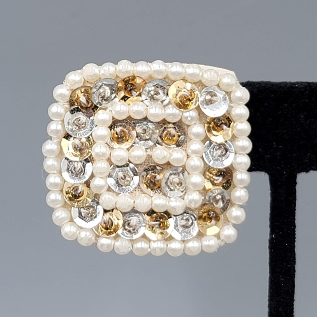 Vintage White Bead Sequin Leather Clip on Earrings Square Gold tone 1.25"