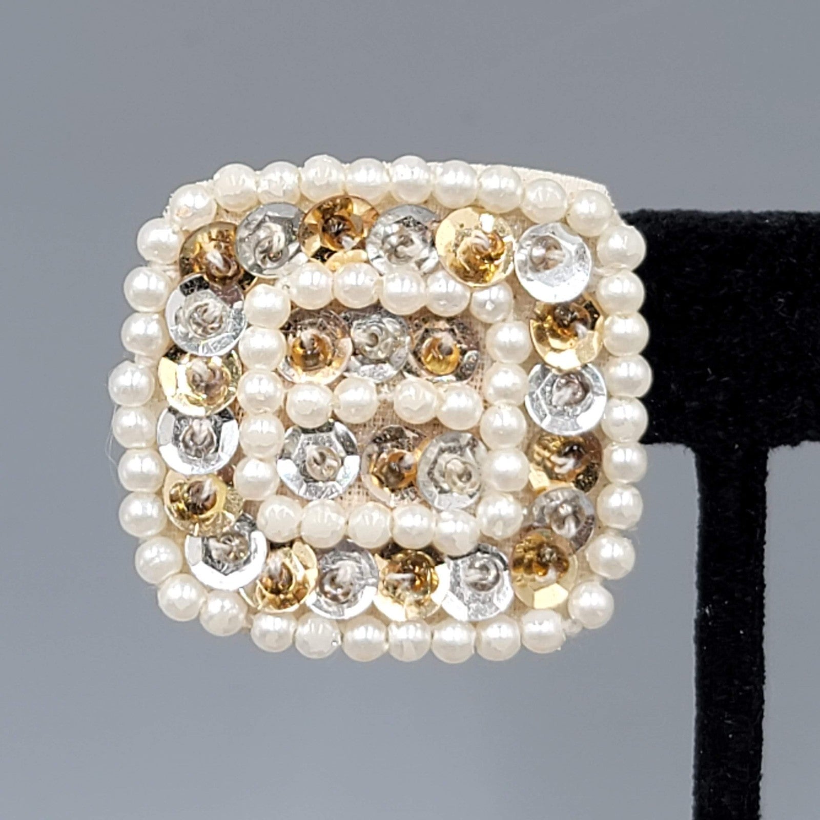 Vintage White Bead Sequin Leather Clip on Earrings Square Gold tone 1.25"