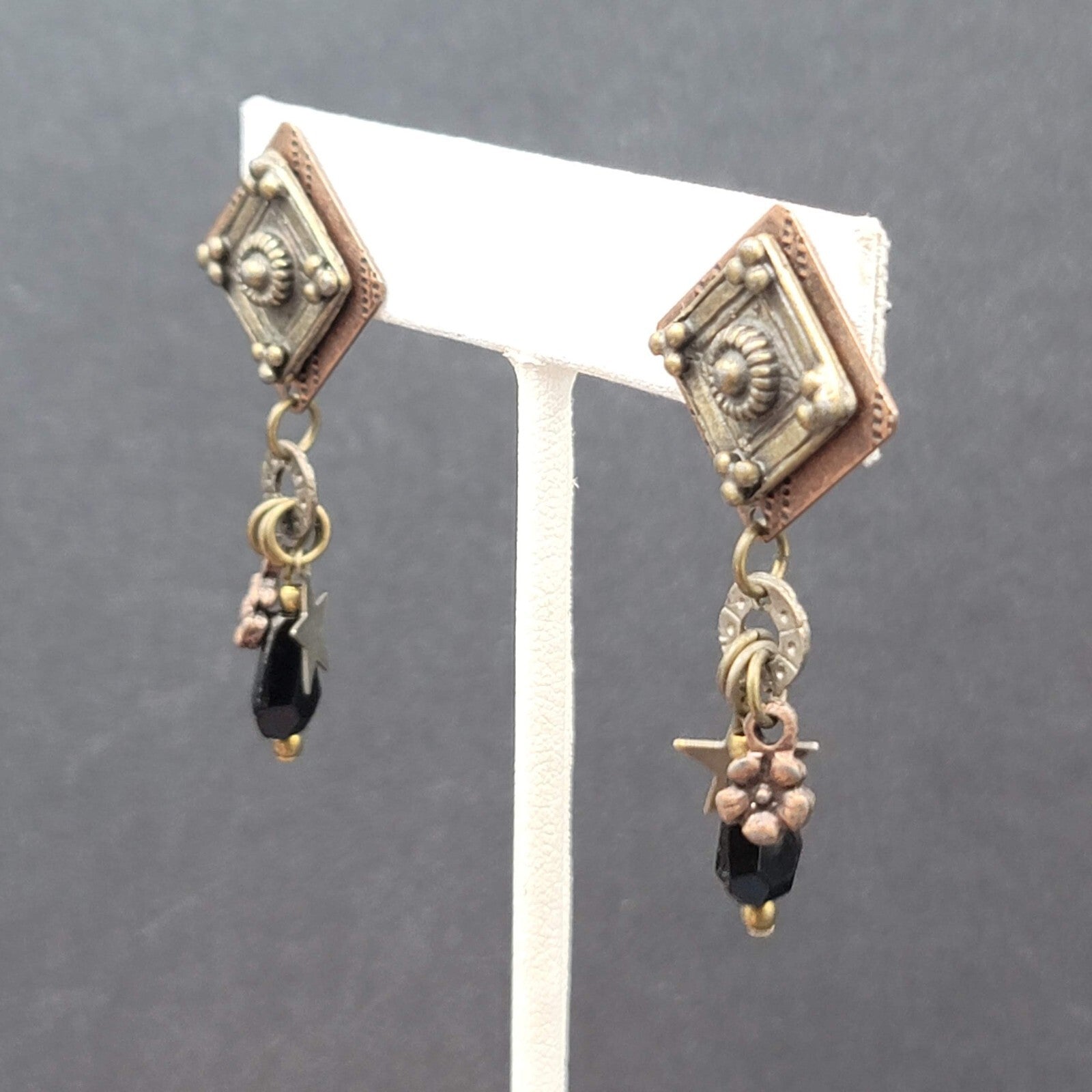 Pierced Earrings Copper and Silver tone Star Black Beads Layered Dangle 2"