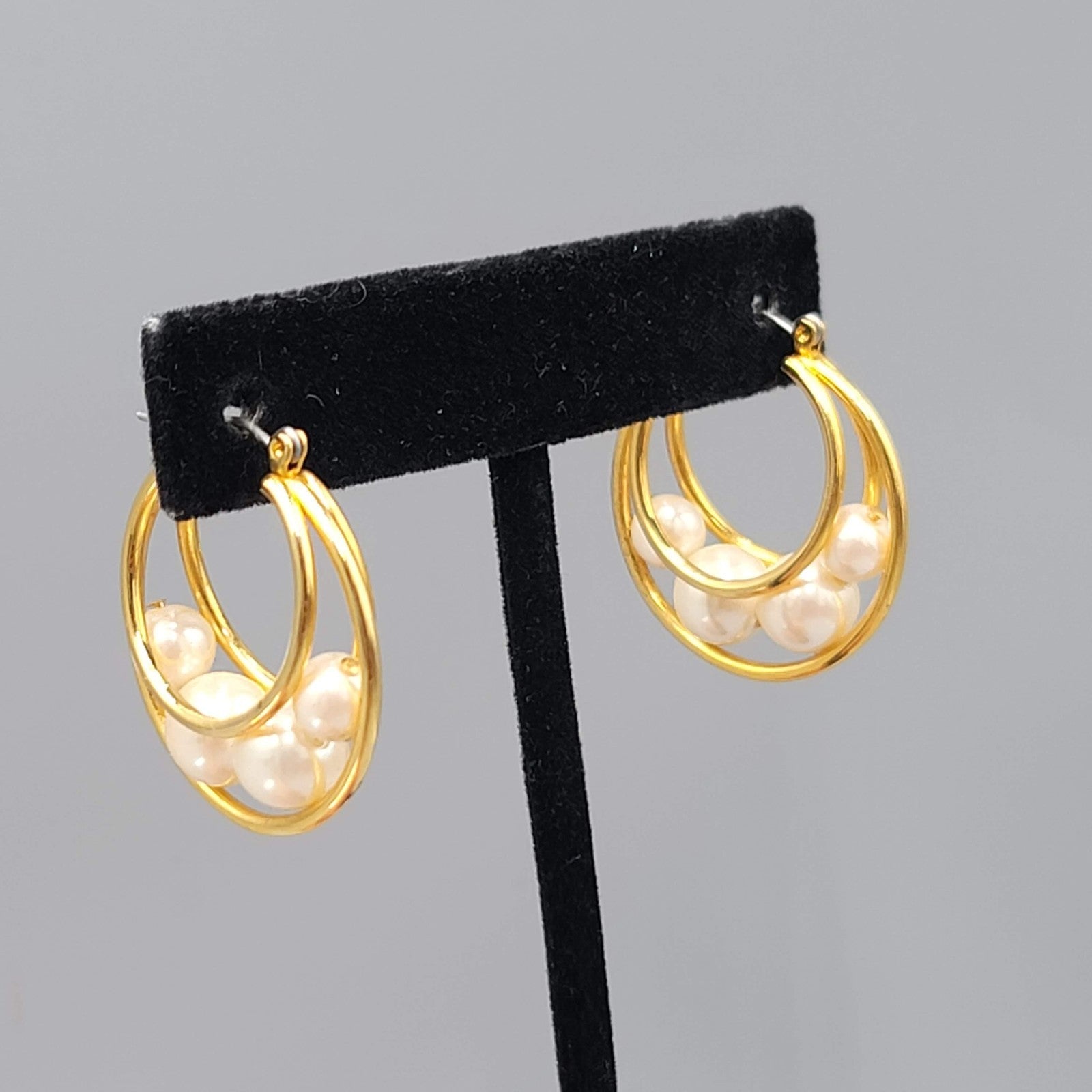 Vintage Hoop Pierced Earrings Caged White Beads Gold tone Dangle 1.25 in