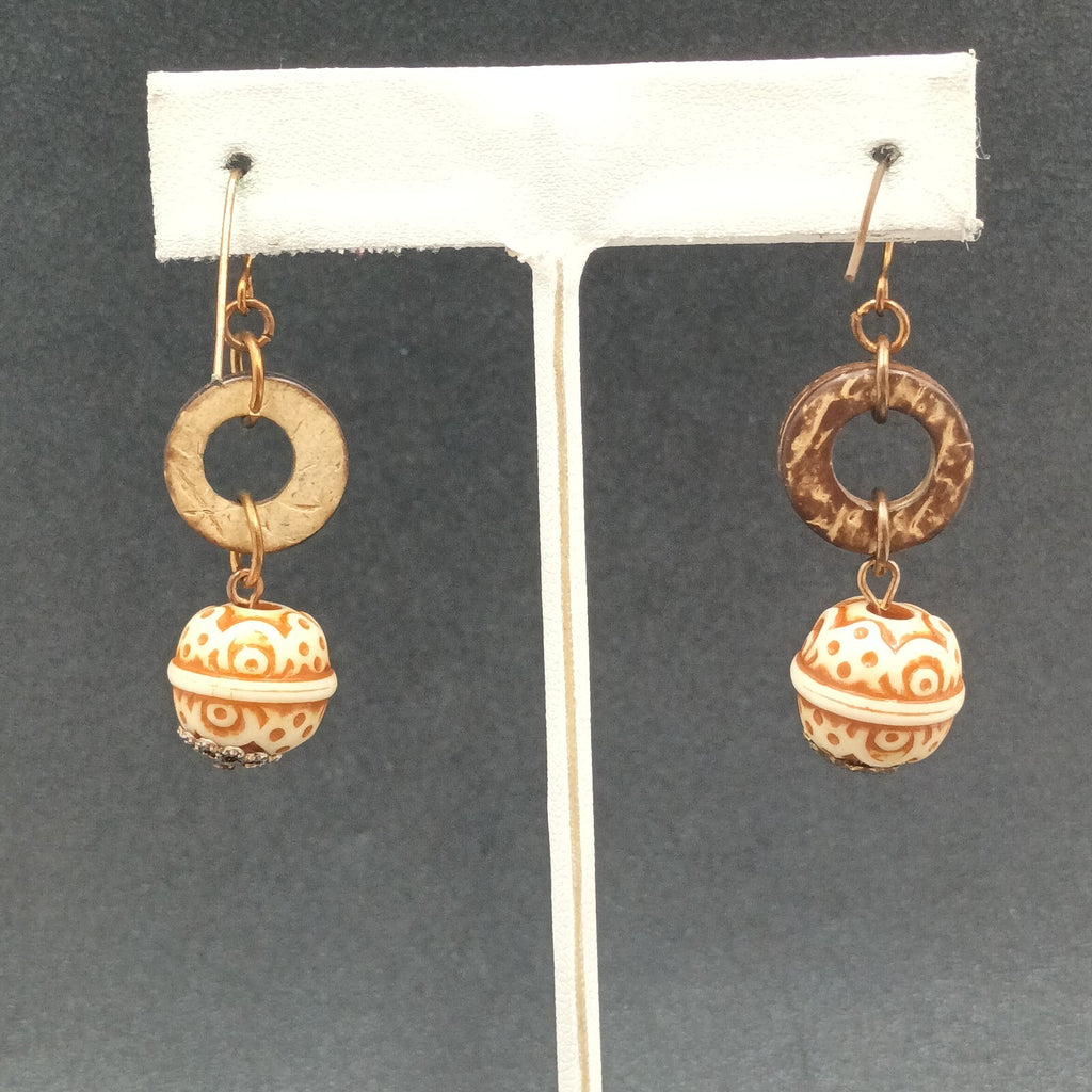 Pierced Earrings Carved Coconut Shell Copper tone Hook Statement Dangle 1 3/8"