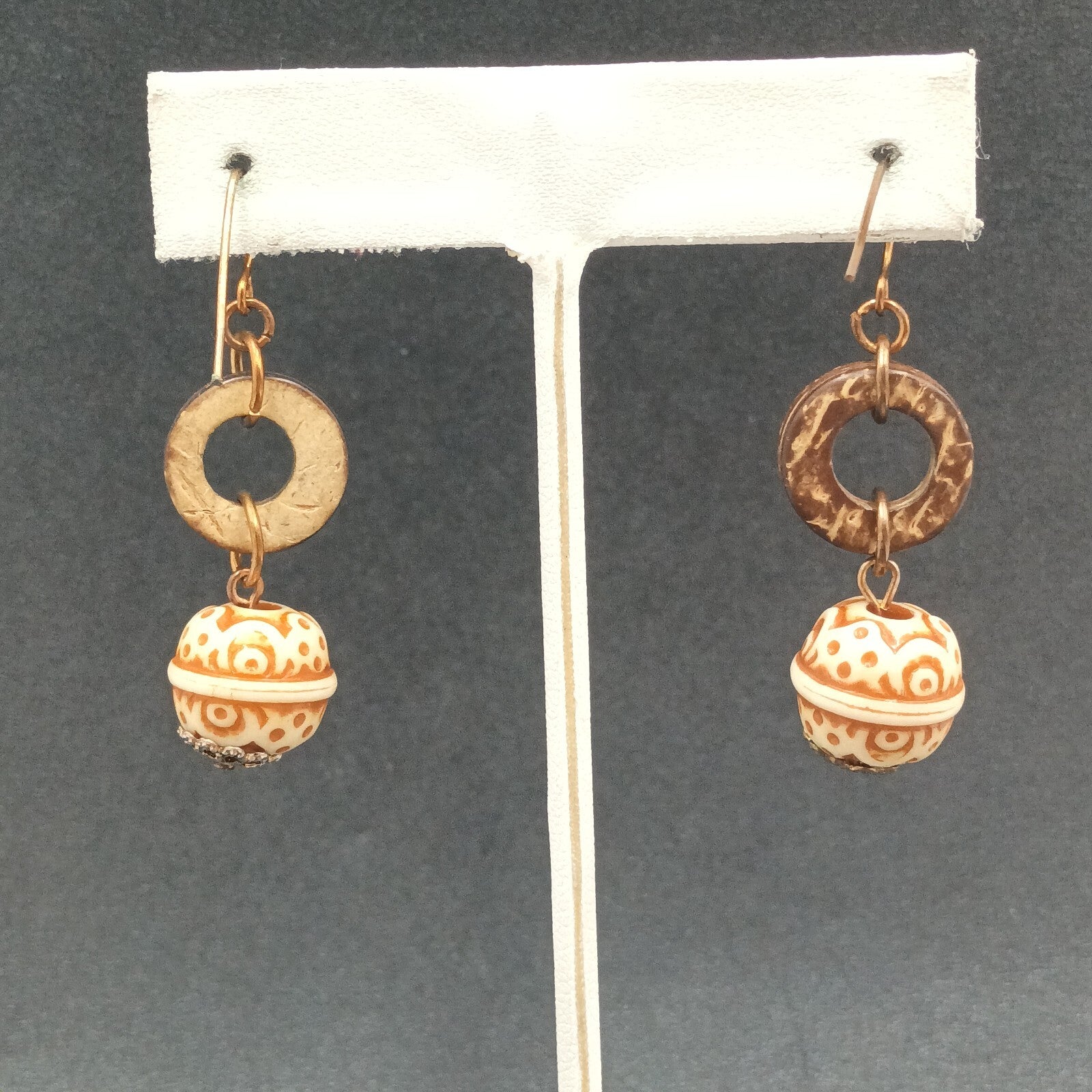 Pierced Earrings Carved Coconut Shell Copper tone Hook Statement Dangle 1 3/8"