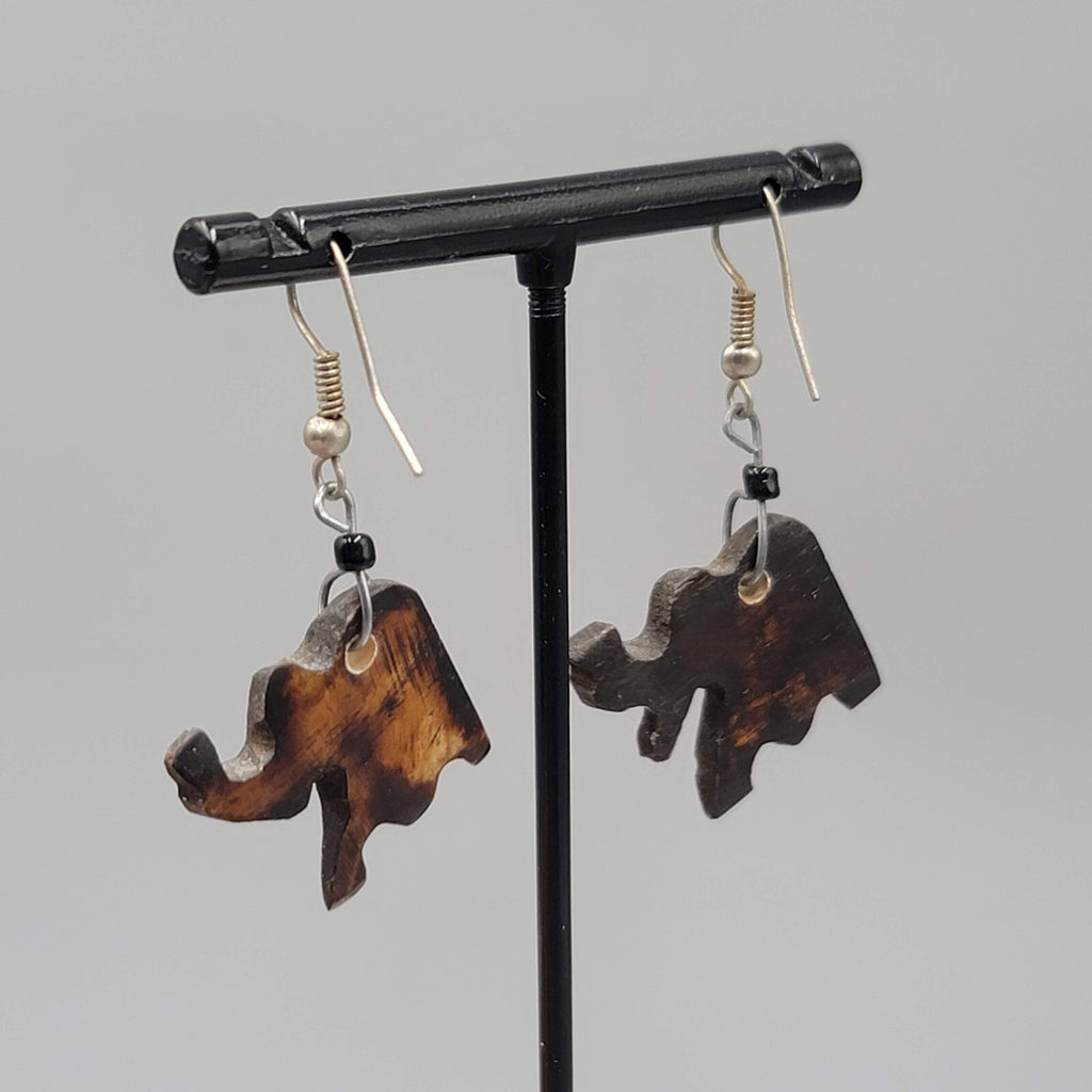 Vintage Elephant Pierced Earrings Hand Carved Wood Dangle Silver tone Hooks 1"