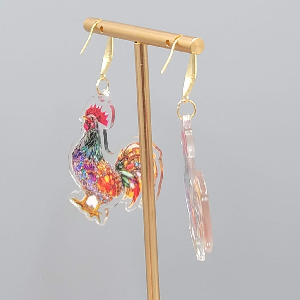 Multicolor Mosiac Rosster Pierced Earrings Acrylic Dangle Gold tone Hook 1.75"