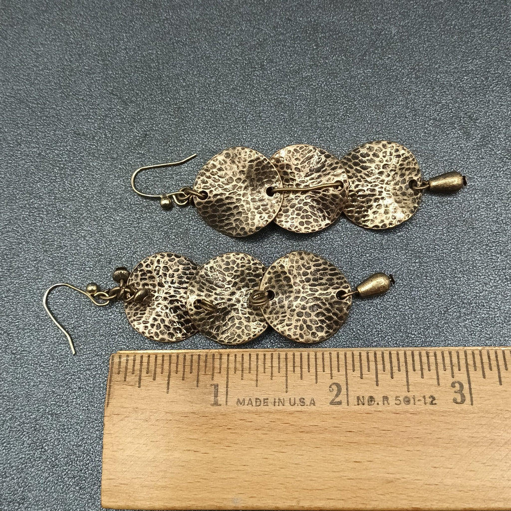 Pierced Earrings Antiqued Hammered Gold tone Wavy Circles Statement Drop 2 3/8"