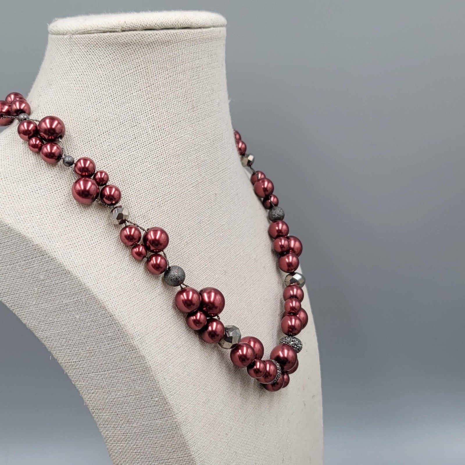 Statement Beaded Necklace Red Faux Pearls Silver Tone Cluster Adjustable 16-18"