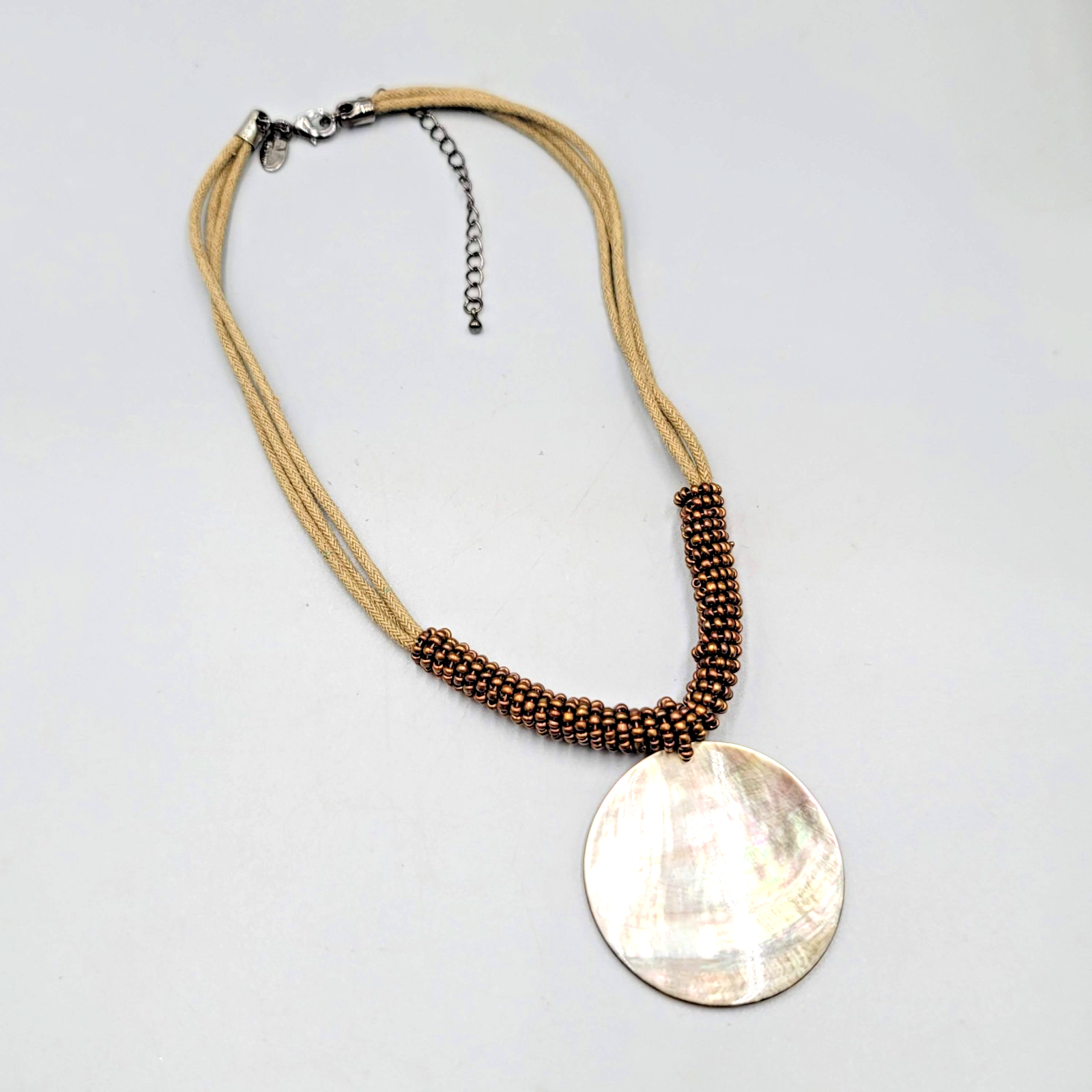 Green Cord Seed Bead Necklace Round Shell Pendant 14"-18"