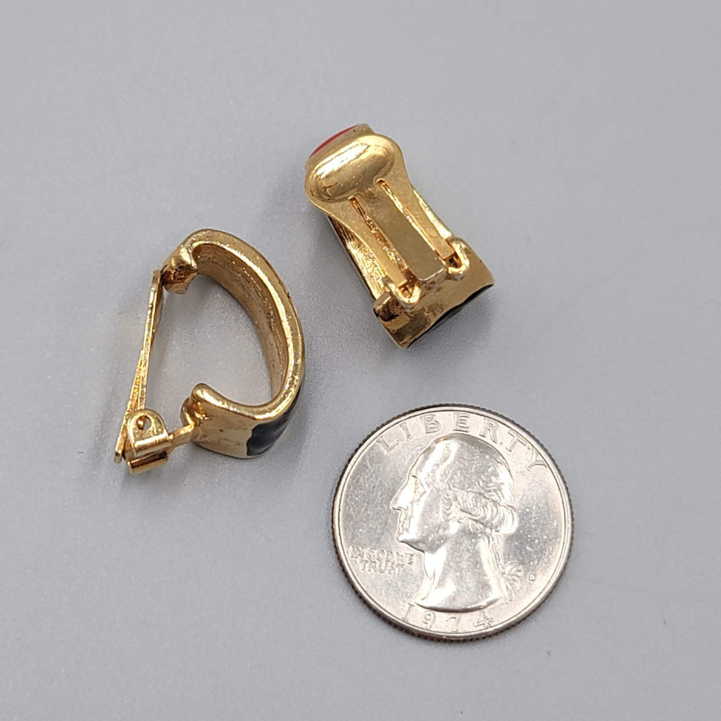 Vintage Clip on Earrings Red Black Enamel Half Hoop Gold tone 3/4"