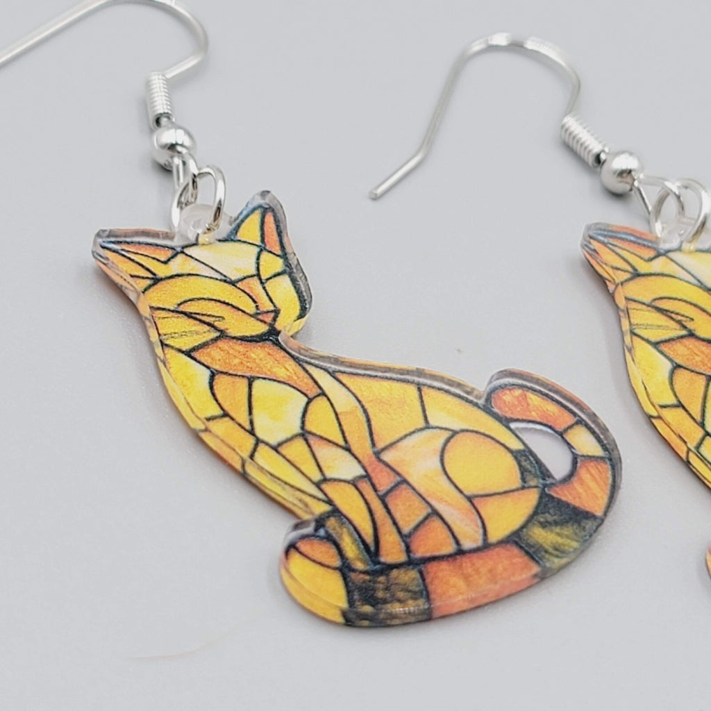 Yellow Kitty Cat Pierced Earrings Acrylic Dangle 1 3/8"